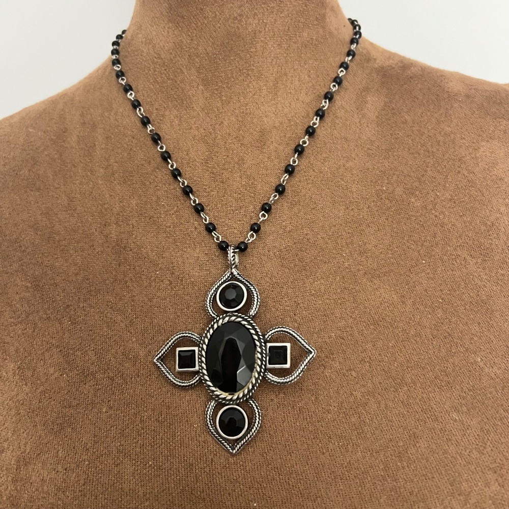 Vicky Jousan Black Cross Pendant Beaded Necklace 18 Inch Silver Tone Goth